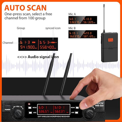 200-Channel Wireless Lavalier Microphone, Dual UHF Bodypack Cordless Lavalier Mic System Set, Auto Scan, Long Range 200-240Ft, 16 Hours Use Ideal for Speaking, Classroom 2023 333B…
