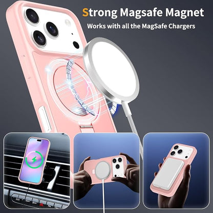 Ultra-Magnetic Stand for iPhone 17 Pro Case [Military Drop Protection] [Compatible with MagSafe] Shockproof Translucent Matte Slim Ring Holder Case for iPhone 17 Pro (Pink)