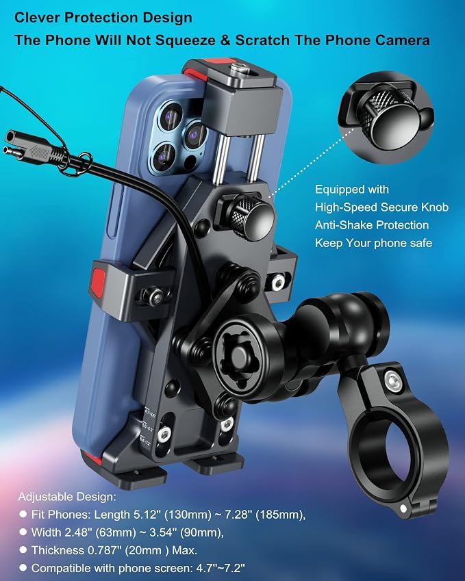 BRCOVAN Aluminum Alloy Motorcycle Phone Mount with Qi 15W Wireless Charger & Vibration Dampener, Anti-Theft Waterproof Motorcycle Handlebar Cellphone Holder, Adjustable Fit 4.7''-7.2'' Smartphones