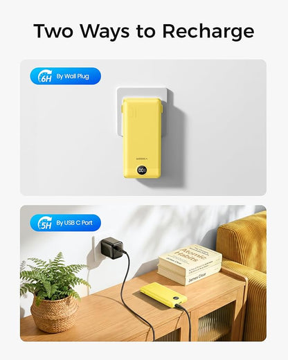 VEGER Portable Charger with Built-in AC Plug and Cables, All in One 10000mAh Ultra Slim Power Bank Travel Essentials, USB C External Battery Pack Compatible with iPhone, Samsung, More, Yellow