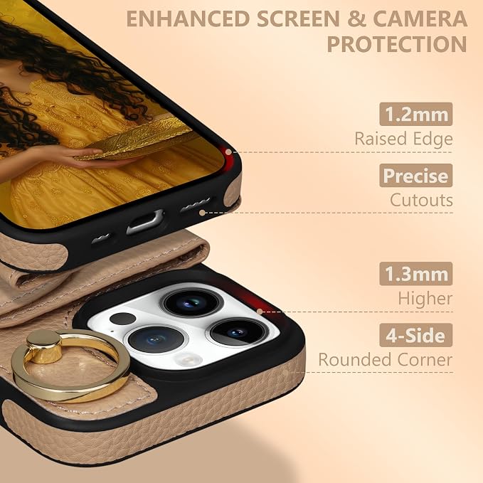 Keallce Wallet Case for iPhone 16 Pro Max 6.9'', Flip Case with Card Slots, Ring Holder Kickstand, PU Leather Protective Folio Cover for Women, Yellow