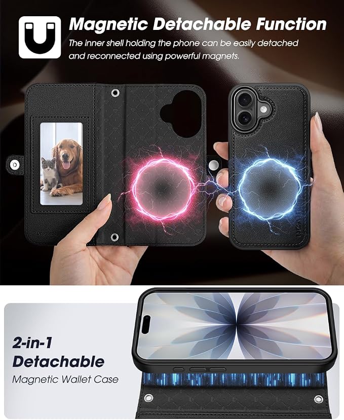 OCASE for iPhone 17 Crossbody Detachable Wallet Case, PU Leather Handbag Phone Purse with Zipper Closure, Card Slots & RFID Blocking, Wrist Strap, Lanyard, Kickstand, Diamond Check Black
