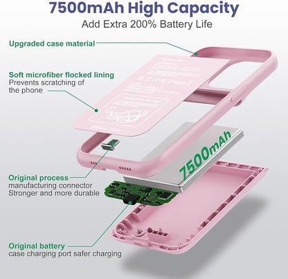 Feob Battery Case for iPhone 15Pro (6.1Inch), Real 7500mAh Ultra Slim Portable & 15W Fast Charging, Rechargeable Protective Extended Charger Case Cover Only for iPhone 15Pro Charging Case-Pink
