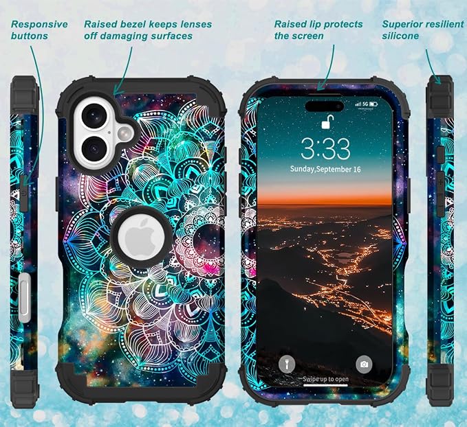 Hocase for iPhone 17 Case 6.3", Heavy Duty Shockproof Protection Soft Silicone Rubber+Hard Plastic Bumpers Hybrid Protective Case for iPhone 17 2025 - Mandala in Galaxy