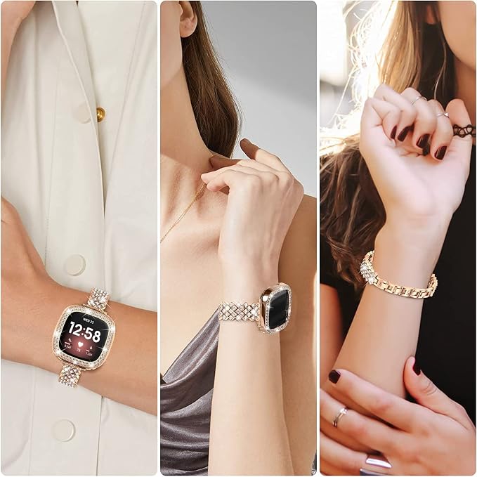 Bling Watch Band Compatible with Fitbit Versa 3/Sense for Women, Adjustable Crystal Alloy Strap Rhinestone Stainless Steel Metal Wristband Replacement (Rose Gold)