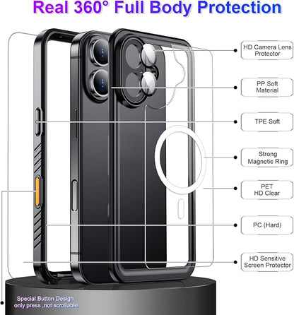 Temdan Compatible with iPhone 16 Case Waterproof, Compatible with MagSafe Built-in Screen & Camera Protector IP68 Underwater Full Body 16FT Military Dropproof Shockproof Phone Case 6.1"-Black