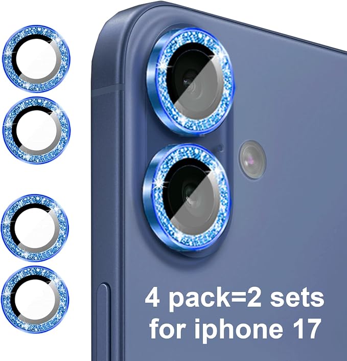 Compatible for iPhone 17/17 Pro/iPhone 17 Pro Max Camera Lens Protector Bling, Cute Sparkle Glitter Camera Cover for Women, Individual Ring, Anti-Scratch (3 Protectors + 1 Extra), Deep Blue