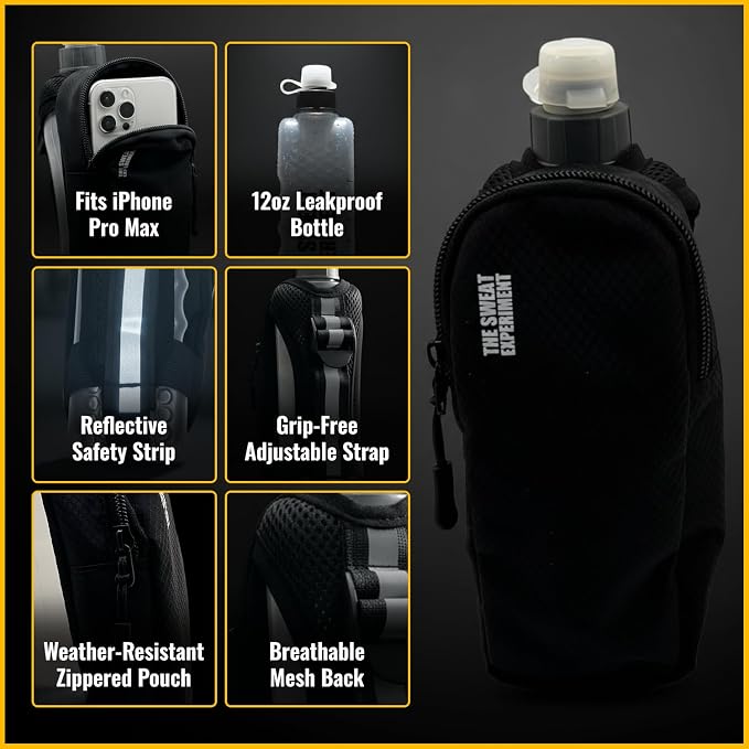 Handheld Running Water Bottle with Large Phone Holder – 12oz Grip-Free Hydration Flask with Pocket for Cards & Keys – Adjustable Strap for Walking, Running, Hiking, Marathons