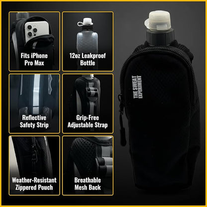 Handheld Running Water Bottle with Large Phone Holder – 12oz Grip-Free Hydration Flask with Pocket for Cards & Keys – Adjustable Strap for Walking, Running, Hiking, Marathons