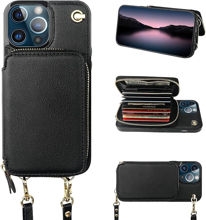 Bocasal Crossbody Wallet Case for iPhone 13 Pro Max, RFID Blocking Leather Purse Case with Card Holder, Protective Handbag Flip Cover with Zipper Wrist Strap Lanyard for Women 5G 6.7 Inch (Black)