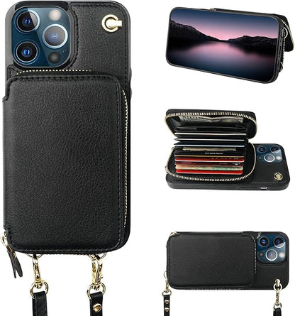 Bocasal Crossbody Wallet Case for iPhone 13 Pro Max, RFID Blocking Leather Purse Case with Card Holder, Protective Handbag Flip Cover with Zipper Wrist Strap Lanyard for Women 5G 6.7 Inch (Black)