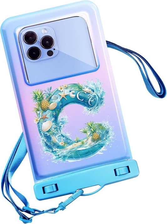 Personalized Initial Waterproof Phone Pouch Case - IPX8 Cellphone Dry Bag with Lanyard for iPhone 16/15/14/13/12 Pro Max (6.1–6.9"), Beach & Cruise Ship Essentials with Monogrammed Design (Blue, C)