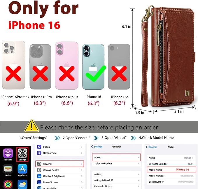 Wallet Case for iPhone 16 with Card Holder/Crossbody Wallet/Strap| RFID Blocking | Magnetic | Kickstand | Detachable | PU Leather Phone Case for iPhone 16,6.1 in,Brown