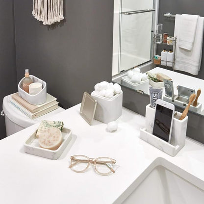 iDesign 28250 Dakota Resin Marble Vanity Center for Toothbrush, Cell Phone, Bathroom Countertops, Desks, Vanities, Dorm, Office - White Marble and Satin Metal Accents