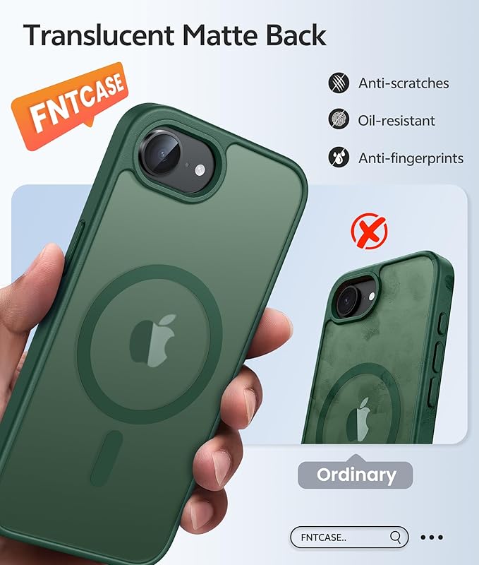 FNTCASE for iPhone 17e Case: iPhone 16e Phone Case [Compatible with Magsafe] Translucent Matte Cases with [Screen Protector] Military Grade Shockproof Protective Phone Cover - Green