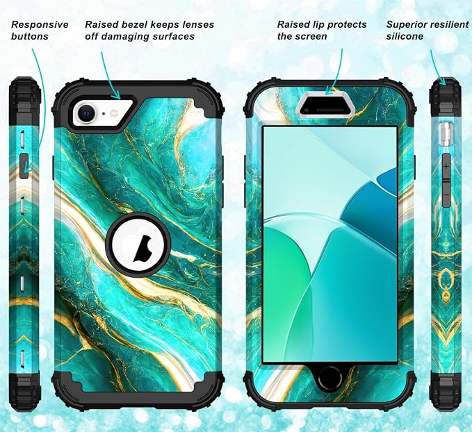 Hocase for iPhone SE 2022/2020 Case, Heavy Duty Shockproof Protection Hard Plastic+Silicone Rubber Hybrid Protective Case for iPhone SE 3rd/2nd Generation (4.7") - Emerald Green