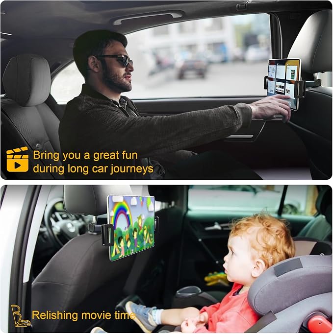 Urehepo Tablet iPad Holder for Car Headrest Mount, Back Seat Travel Portable Accessory, Road Trip Essentials for Kids Adults, Fits All 4.7-13" Devices & Headrest Rod