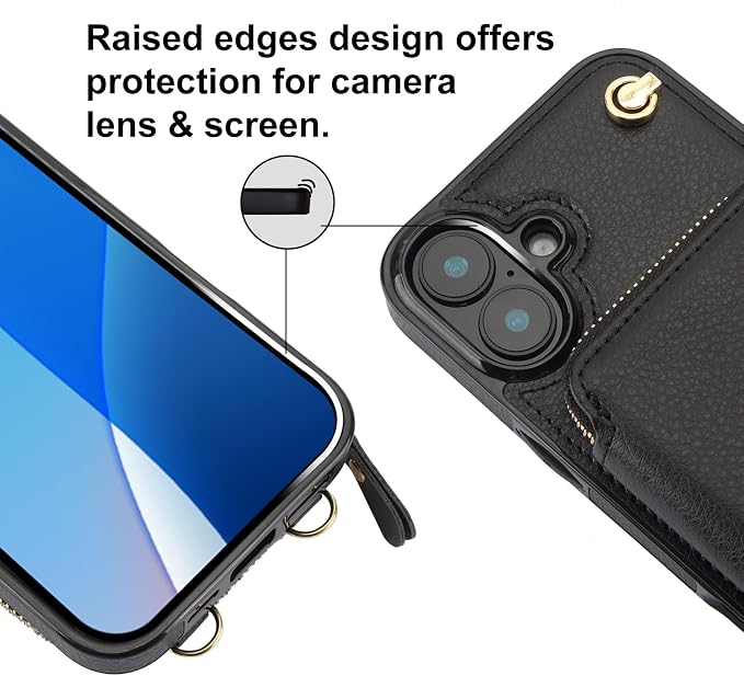 Bocasal Crossbody Wallet Case for iPhone 16 Plus, RFID Blocking Leather Purse Case with Card Holder, Protective Handbag Flip Cover with Zipper Wrist Strap Lanyard for Women 5G 6.7 Inch (Black)