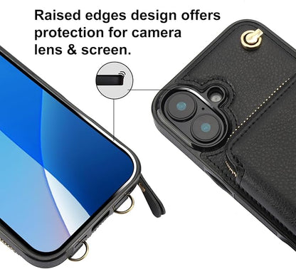 Bocasal Crossbody Wallet Case for iPhone 16 Plus, RFID Blocking Leather Purse Case with Card Holder, Protective Handbag Flip Cover with Zipper Wrist Strap Lanyard for Women 5G 6.7 Inch (Black)
