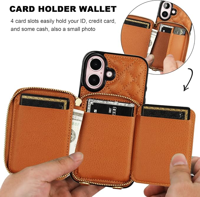 Bocasal Crossbody Wallet Case for iPhone 16, RFID Blocking PU Leather Zipper Handbag Purse Flip Cover, Kickstand Folio Case with Card Slots Holder Wrist Strap Lanyard 5G 6.1 Inch (Brown)