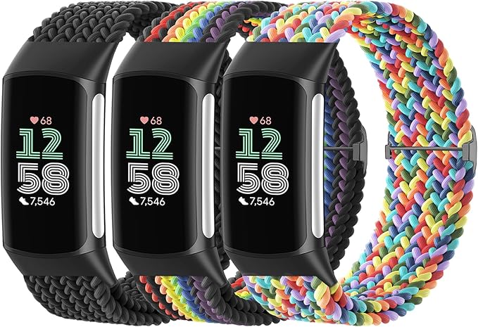 Braided Solo Loop Bands Compatible with Fitbit Charge 6/Charge 5, 3 Pack Adjustable Stretchy Wristbands Soft Woven Nylon Replacement for Fitbit Charge 5/Charge 6 Tracker Smart Watch for Women Men