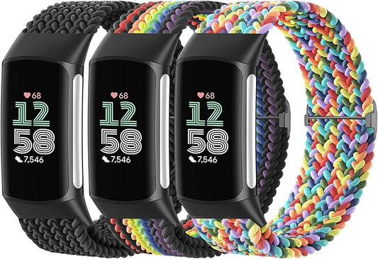Braided Solo Loop Bands Compatible with Fitbit Charge 6/Charge 5, 3 Pack Adjustable Stretchy Wristbands Soft Woven Nylon Replacement for Fitbit Charge 5/Charge 6 Tracker Smart Watch for Women Men