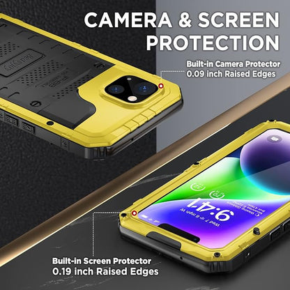 Beasyjoy for iPhone 14 Case Waterproof, Metal Heavy Duty Full Body Protective Case with Built-in Screen Protector, Military Grade Shockproof Dustproof Defender Rugged Cover 6.1 Inch, Yellow
