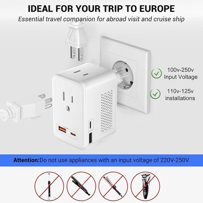 220V to 110V Voltage Conversion Plug Adapter for Traveling from USA to Europe with 2 USB and 2 USBC Ports PD 20 W, 2 AC Outlets International Power Adapter