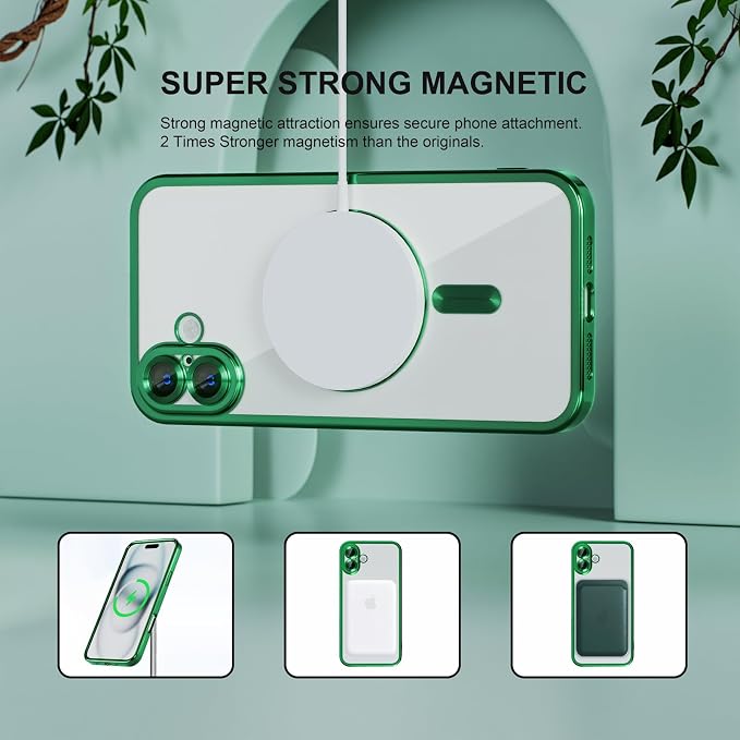 Misea Magnetic for iPhone 16 Case Compatible with MagSafe [Never Yellowing] [Military Grade Drop Protection] Full Camera Lens Protector Plating Soft Clear Phone Case for Women 6.1 inch, Green