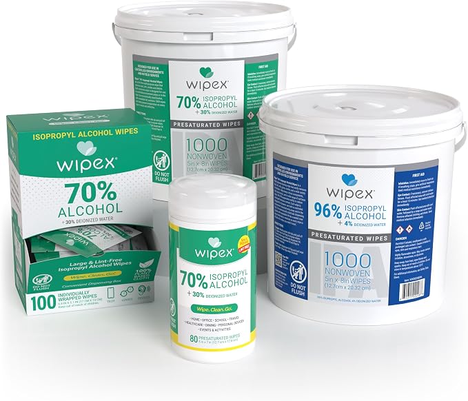 Wipex 70% Isopropyl Alcohol Wipes, Bulk 1000 Count - Ideal for Electronics, Household, Work & School Equipment Cleaning - Lint-Free SMS Cloth Safe for Tech Cleaning & Screens, (Pack of 4)