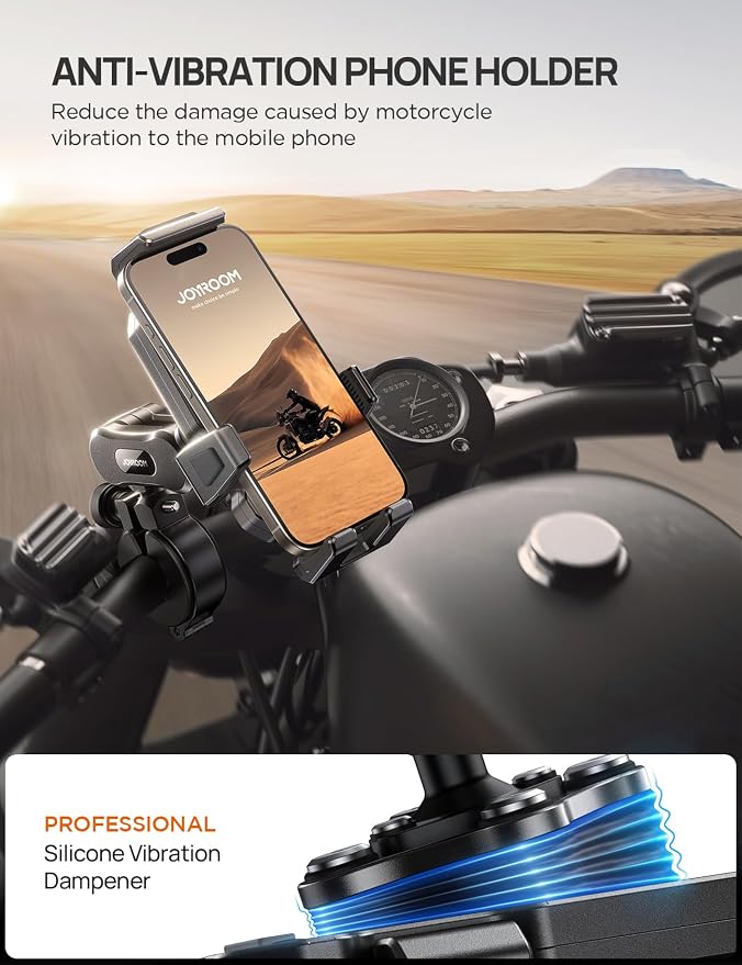 JOYROOM Aluminum Alloy Motorcycle Phone Holder, Metal Motorcycle Phone Mount with Vibration Dampener, for Bike Bicycle Scooter ATV/UTV, Compatible with iPhone, Samsung, All Cell Phones