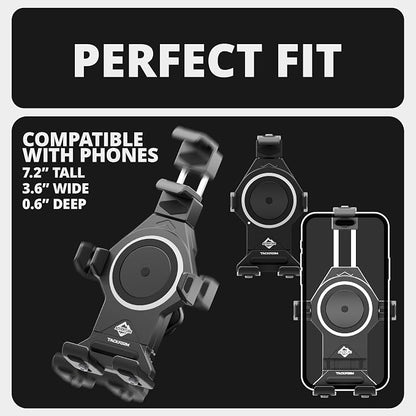 Tackform Aluminum Motorcycle Adventure Phone Mount - Vibration Dampening and Wireless Charging | Fits 1-1/4" to 1-1/2" Handlebars | Compatible with iPhone, Galaxy, More | Short Reach Arm | Black