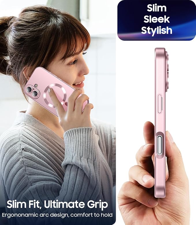 Magnetic for iPhone 17 Case [Compatible with MagSafe][Built-in Camera Lens Protector] Slim Thin Soft Silicone Bumper Shockproof Metallic Luster Phone Case (Rose Gold)