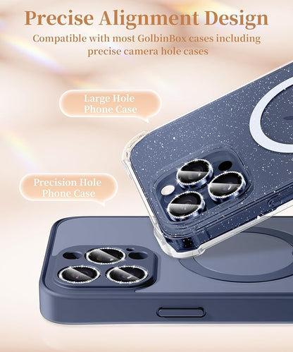 GolbinBox Camera Lens Protector for iPhone 15 Pro/15 Pro Max, 1:1 Invisible Fit, 9H Tempered Glass Ultra HD Metal Individual Camera Cover for Women, Case Friendly, Bling/Deep Blue