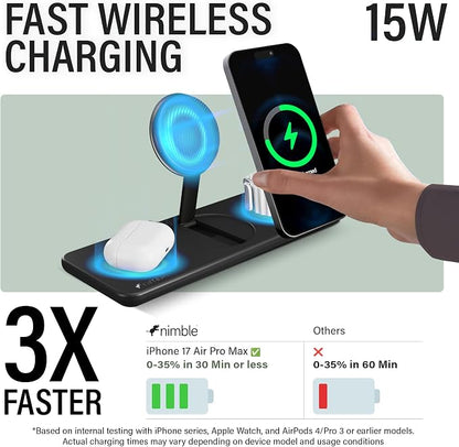 Nimble Podium 3-in-1 Wireless Charging Station for Apple, Qi2-Certified 15W Magsafe Charger Stand, Wireless Charger for iPhone 17 16 15 14 13 - Apple Watch - Airpods Series (Charger & USB-C Included)