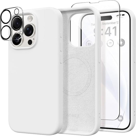 GONEZ Magnetic for iPhone 15 Pro Case, Compatible with MagSafe, [Screen Protector + Camera Lens Protector], Silicone Shockproof Anti-Scratch Protective Phone Case 6.1 inch, White