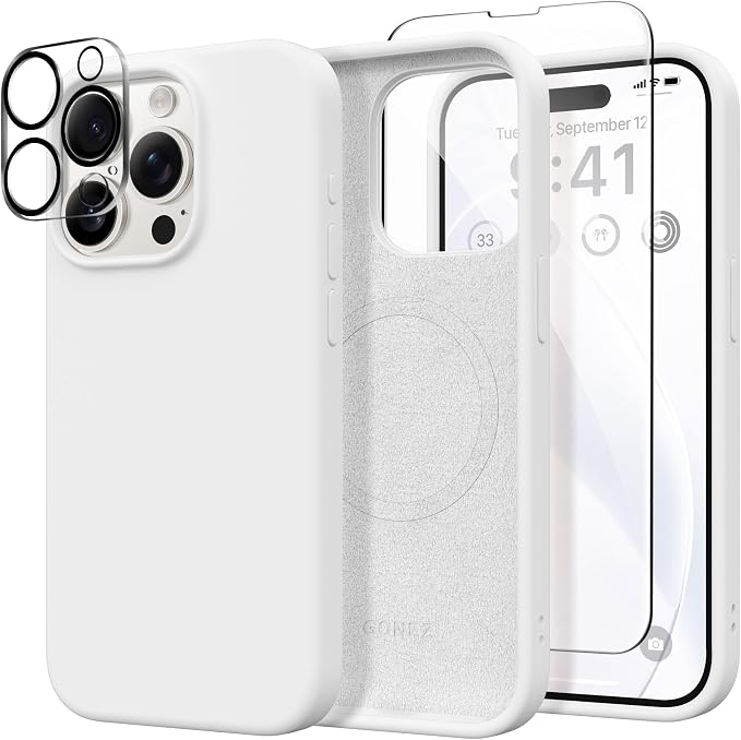 GONEZ for iPhone 15 Pro Max Case Silicone, Compatible with Magsafe, Camera Protector + Screen Protector, Soft Anti-Scratch Microfiber Lining, Liquid Silicone Shockproof Phone Cover, White