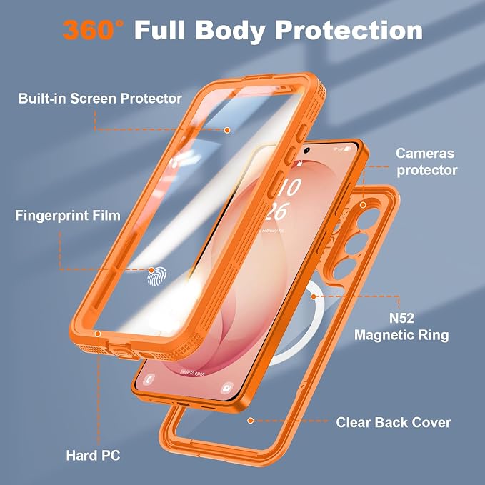 GOLDJU for Samsung Galaxy S26 Plus Case Waterproof, S26 Plus Case with Built-in Screen & Lens Protector, Shockproof Full Body Protection Phone Case, Compatible with MagSafe/Wireless Charging, Orange