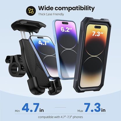 Bike Phone Holder, Motorcycle Phone Mount 360°Rotatable Handlebar Cell Phone Clamp Scooter Phone Clip for iPhone 17 Pro Max/17e/16/15/14/13,Galaxy S26 Ultra/S25/A17/A16/A57 and More 4.7"-7.3" Phones