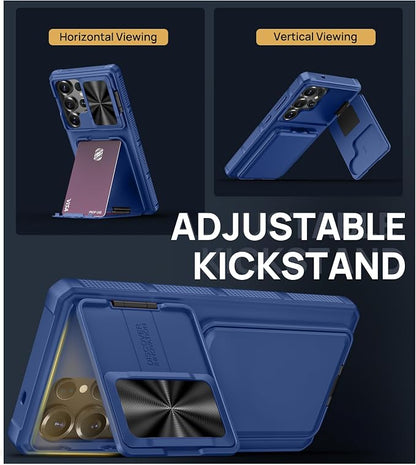 SSLOTSCASE for Samsung Galaxy S25 Ultra Case with 2X Screen Protector, Stand & Credit Card Holder & Sliding Camera Cover, Full-Body Drop Proof Silicone Edge Protective Cover for S25 Ultra, Blue