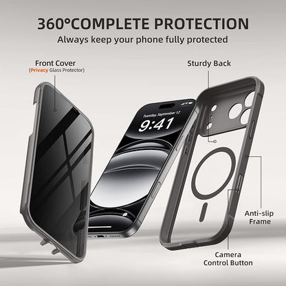 BERFY for iPhone 17 Pro Case, Compatible with MagSafe, Built-in Privacy Screen Protector, Camera Protection, Shockproof Full Body Phone Case 6.3", Clear Grey