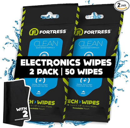 Fortress Electronic Wipes With Microfiber Cloth (25 ct, Pack of 2) To-Go Tech Wipes for Screens, Phones, Keyboards, TV Monitors, Computer Screens, and More [Travel Size] Skin-Safe