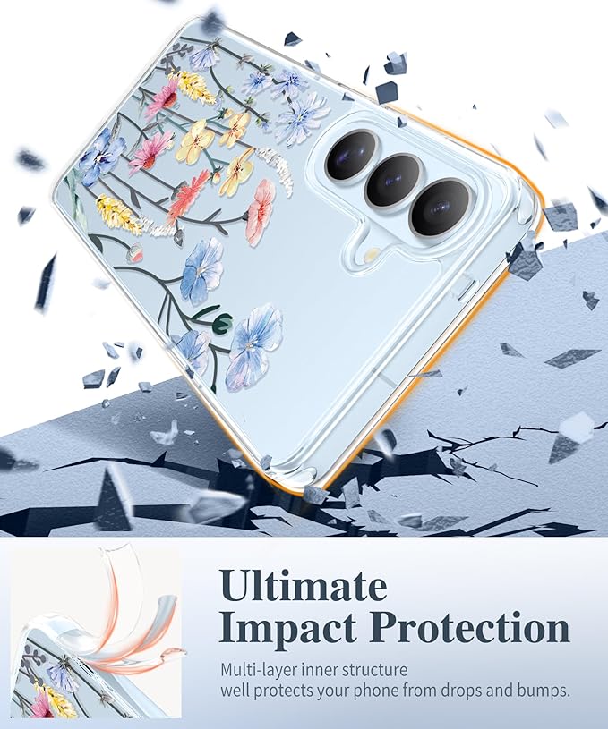 GVIEWIN for Samsung Galaxy S26 Case, Clear Floral Slim Shockproof Protective Women Phone Case, Non-Yellowing, with Screen Protector & Camera Lens Protector for Galaxy S26 6.3", Aconite/Light Blue
