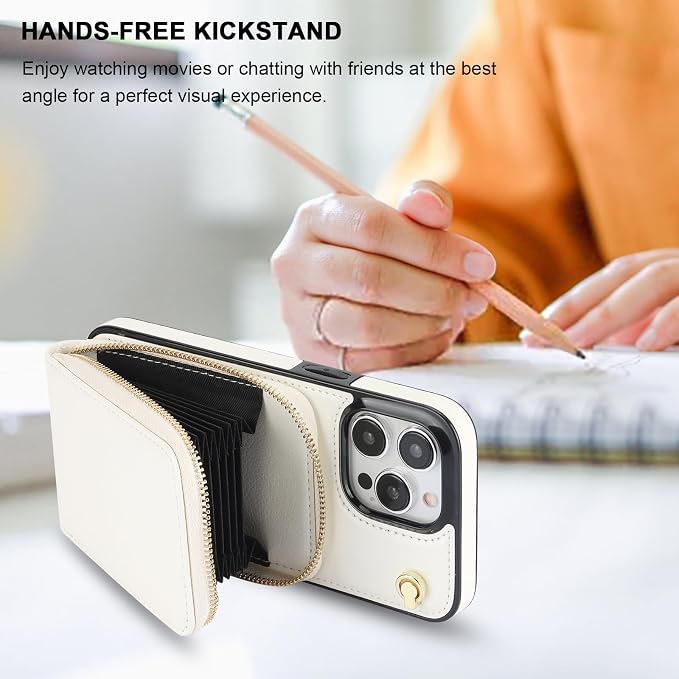 KIHUWEY Crossbody Wallet Case for iPhone 15 Pro Max, Zipper Pocket PU Leather RFID Blocking Protective Cover Case with Kickstand and Detachable Wrist Strap Lanyard 6.7" (White)