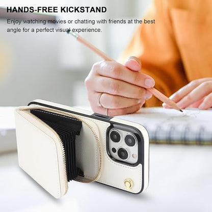 KIHUWEY Crossbody Wallet Case for iPhone 15 Pro Max, Zipper Pocket PU Leather RFID Blocking Protective Cover Case with Kickstand and Detachable Wrist Strap Lanyard 6.7" (White)