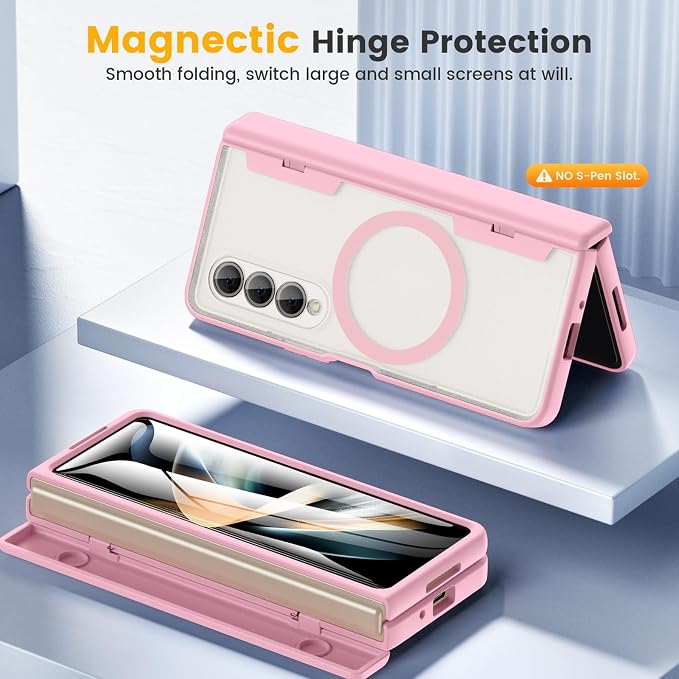 Caka Magnetic for Samsung Galaxy Z Fold 4 Case with Hinge Protection Pink | Compatible with MagSafe, Built-in Outer Screen Protector, Hinge Guard, Translucent Matte Back, 360° Hybrid Drop Defense