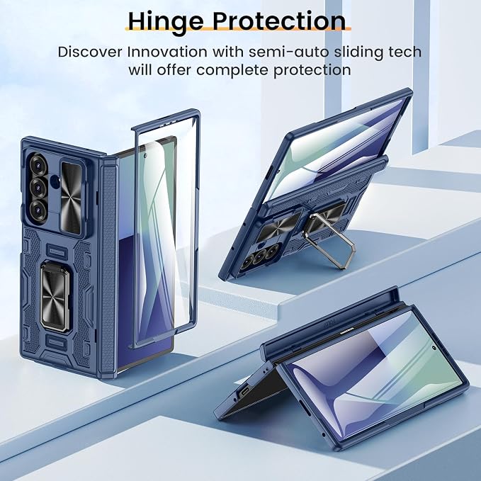 VEGO for Samsung Fold 7 Case with Hinge Protection& Slide Lens Cover,Blue | Built-in 360°Rotating Ring Stand[Screen Protector] Heavy Duty Shockproof Protective Hard Case for Samsung Z Fold 7 2025
