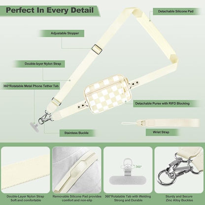 YFWE Clip and Go Strap for Phone with Wallet Crossbody, Adjustable Phone Lanyard with Detachable RFID Wristlet Wallet, Phone Strap with Phone Tabs for All Phones, Cream Checkered (M)
