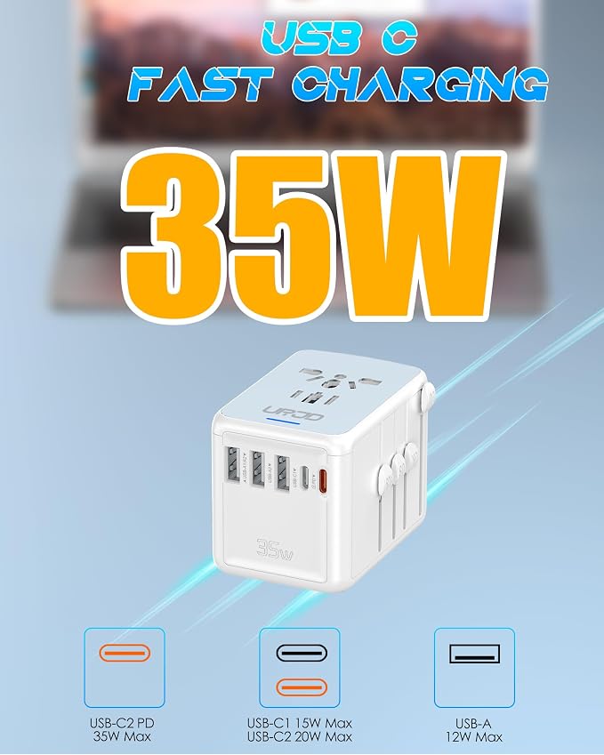 Universal Travel Adapter, 35W PD Fast Charging, for Europe UK US Japan | 5 USB C/A Ports & 2500W AC Outlet, International Power Adapter for 200+ Countries, Compatible with iPhone, MacBook, Tablet