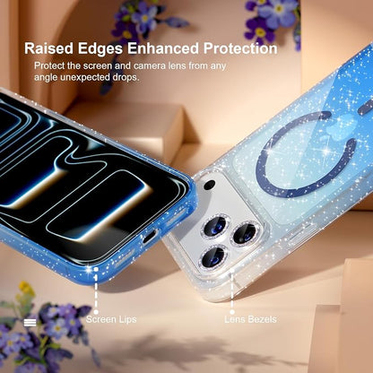 Choiche Magnetic for iPhone 17 Pro Max Case Compatible with MagSafe, Women Cute Glitter Sparkly Phone Case with Diamond Camera Lens Protectors, Military-Grade Drop Protection 6.9" (Clear/Blue)